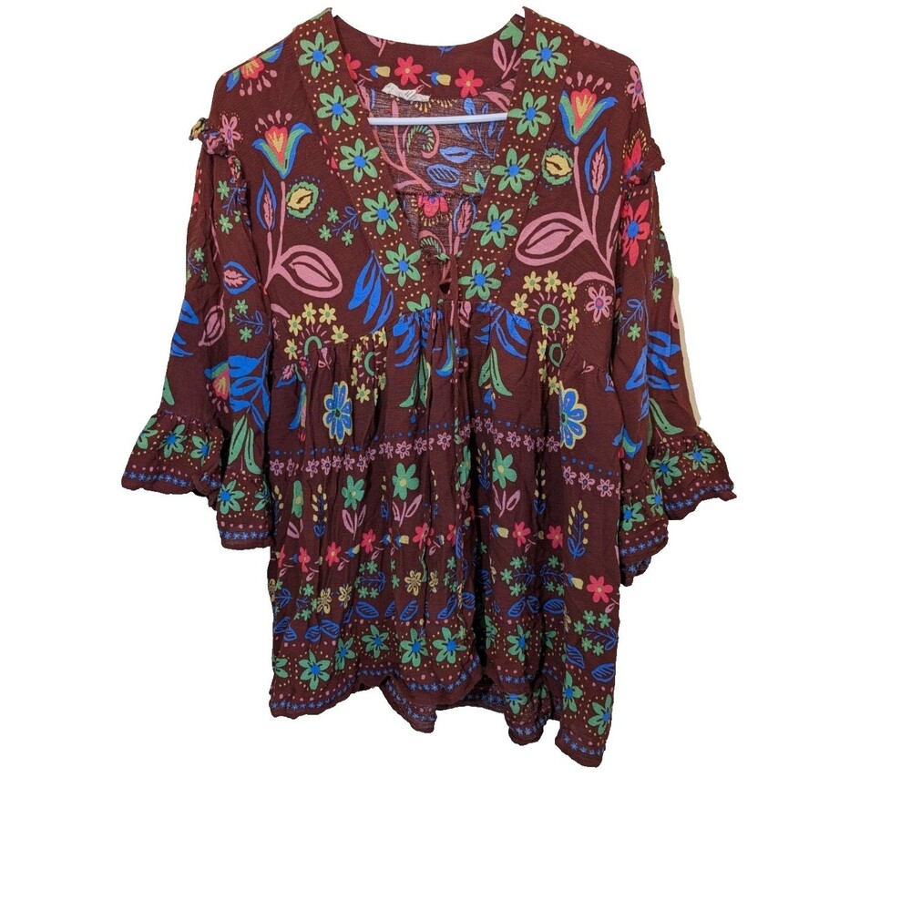 Easel Los Angeles Top V-Neck Tie Front Chocolate Floral Boho Ruffle Small